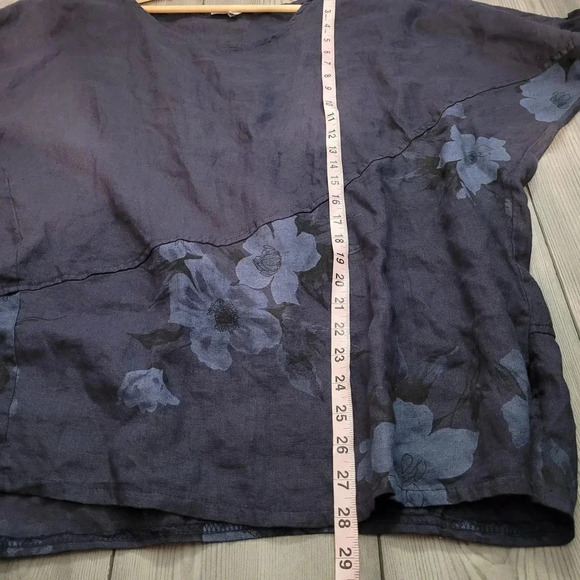Lin Pour L'autre Women's Blouse Top Size 50 Blue 100% Linen Floral Roll Sleeves - Picture 9 of 10